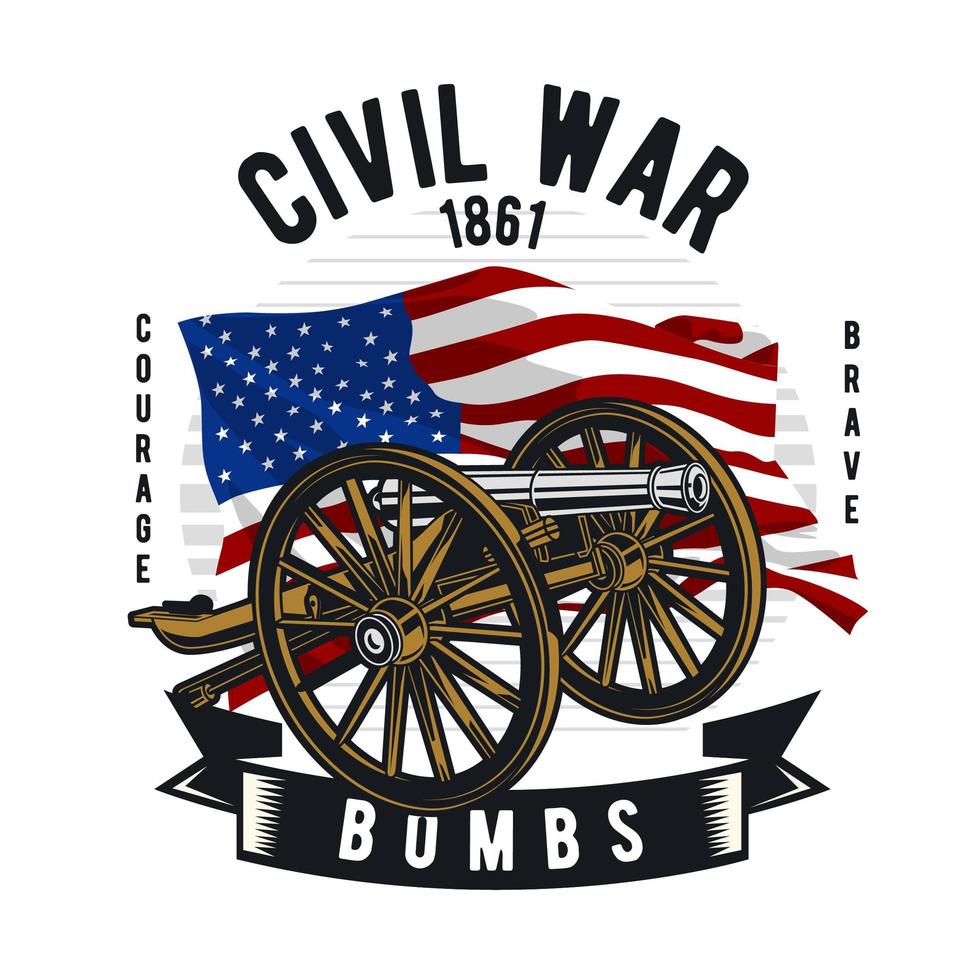 Civil War cannon in front of American Flag vector