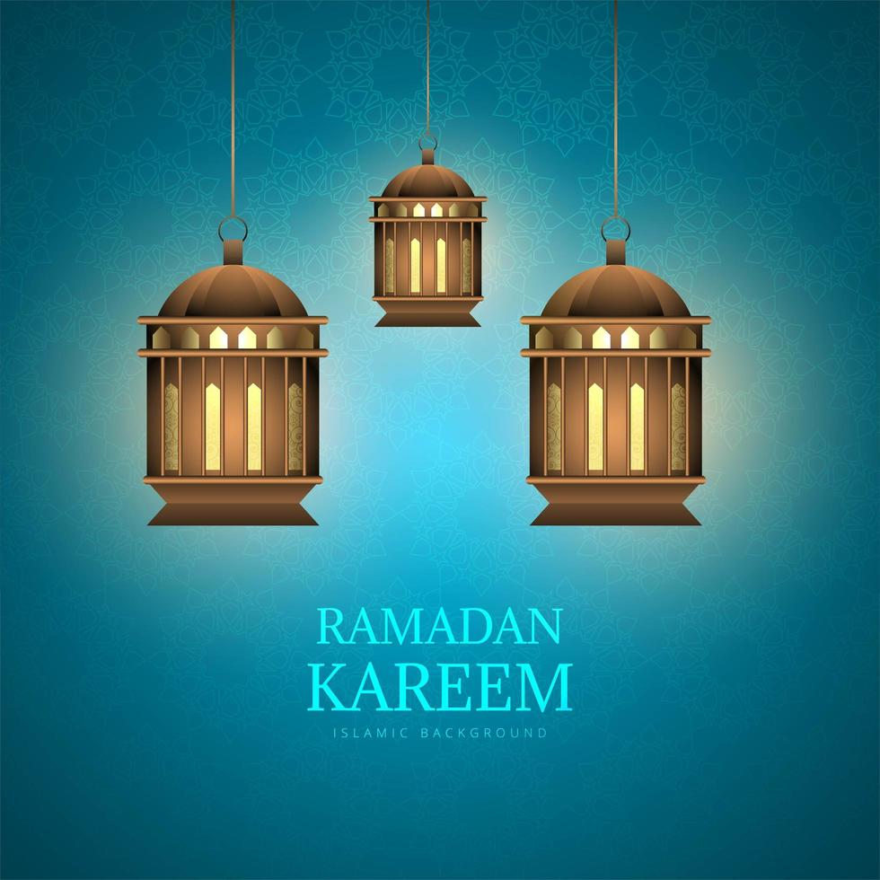 Ramadan Kareem card with lanterns on blue pattern vector