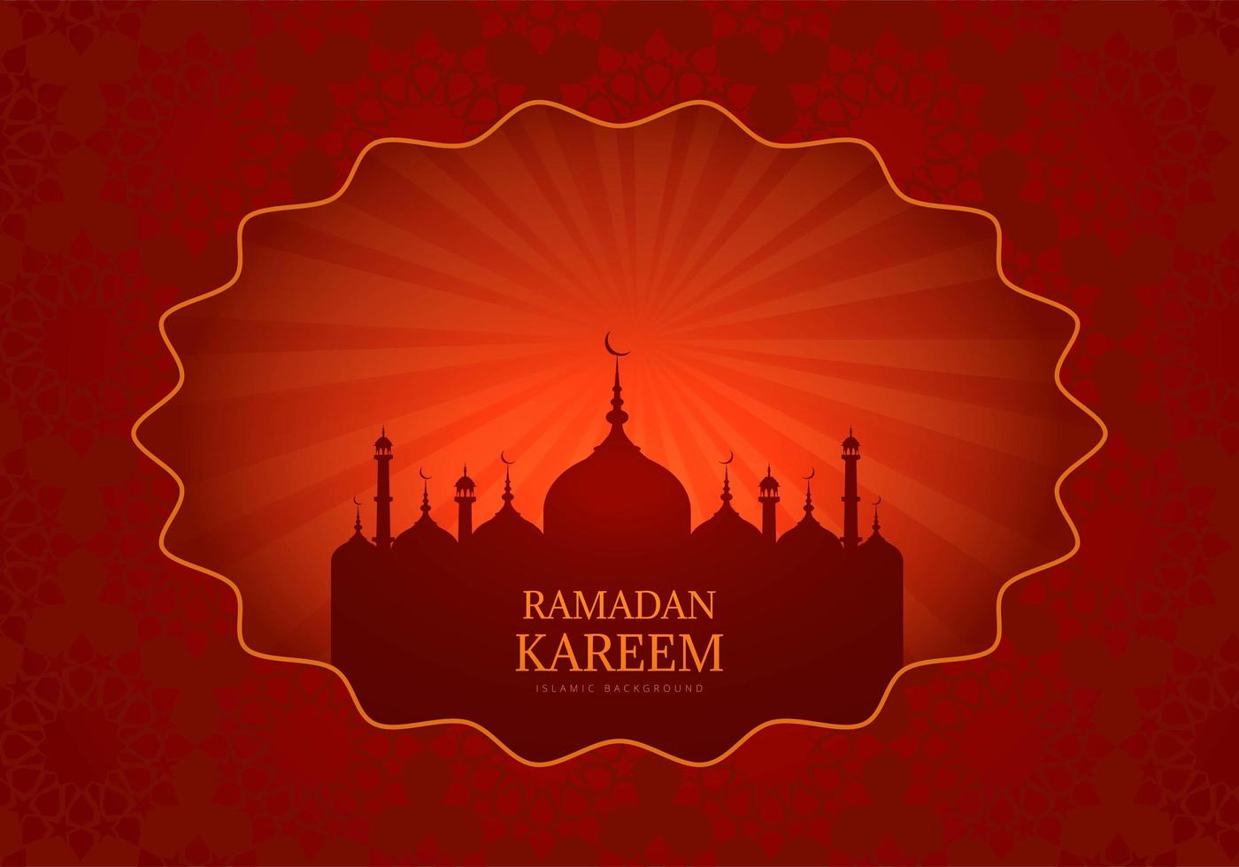 Tarjeta roja de Ramadán Kareem con silueta de mezquita brillante vector