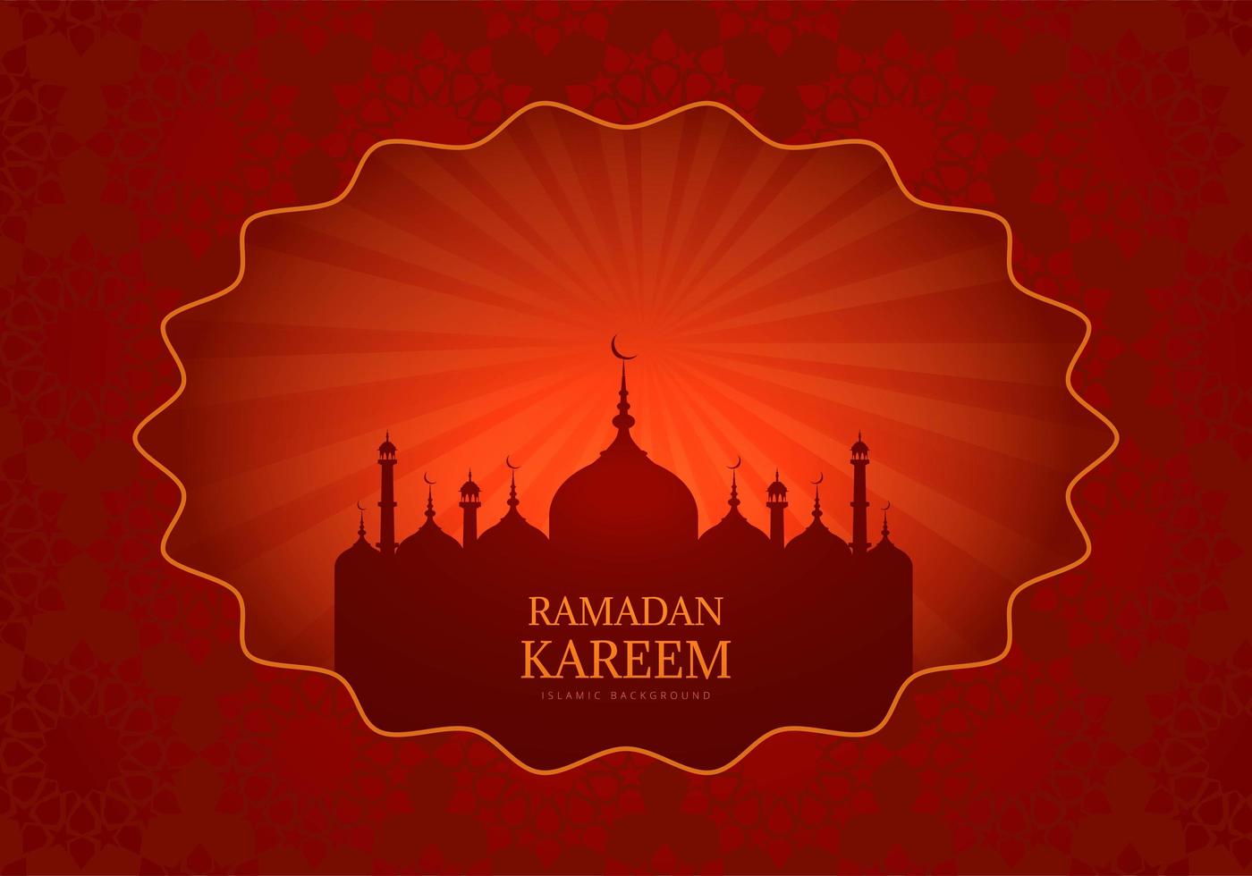 Red Ramadan Kareem card with glowing mosque silhouette vector