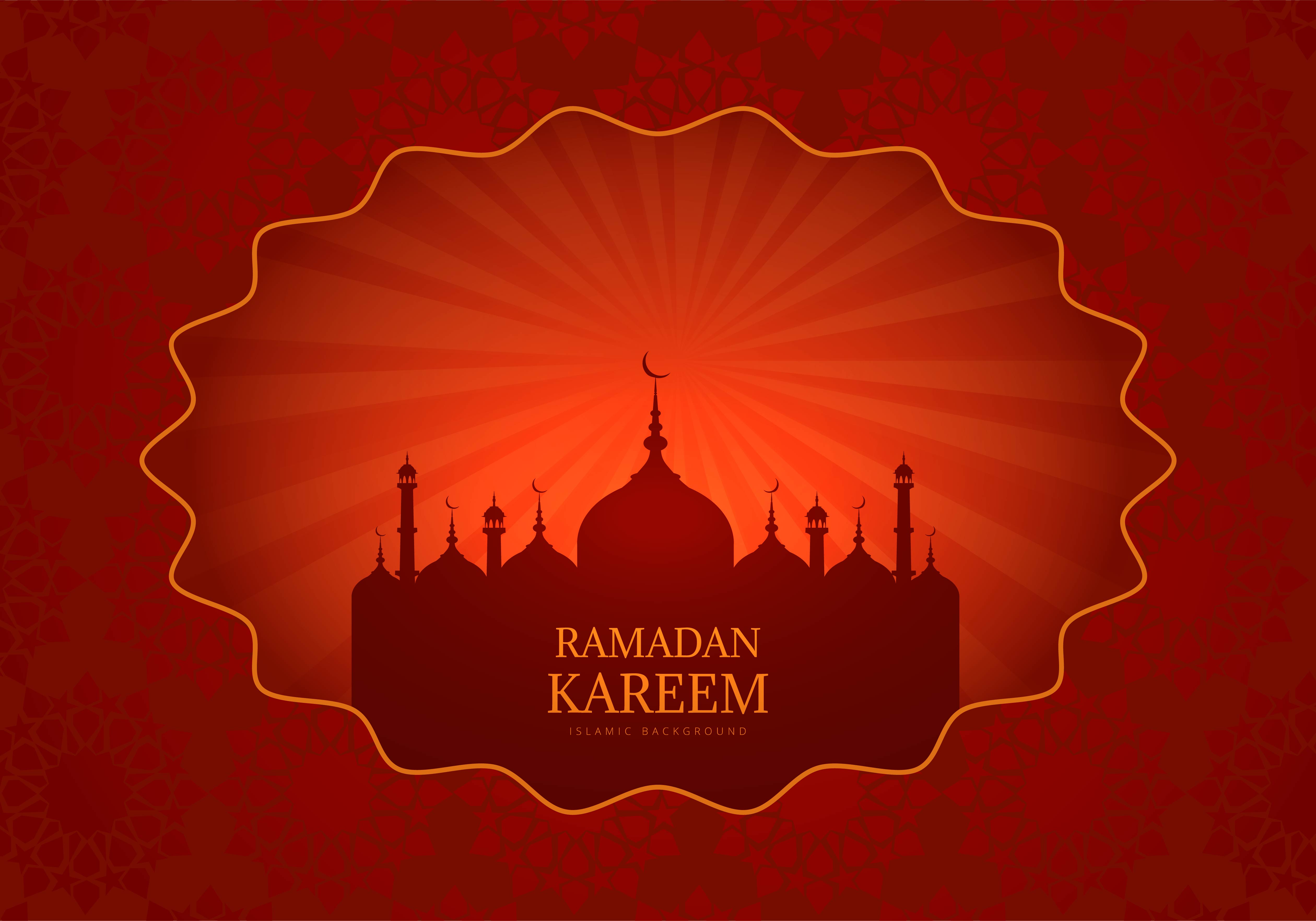 Red Ramadan Kareem Card With Glowing Mosque Silhouette 1045645 Vector