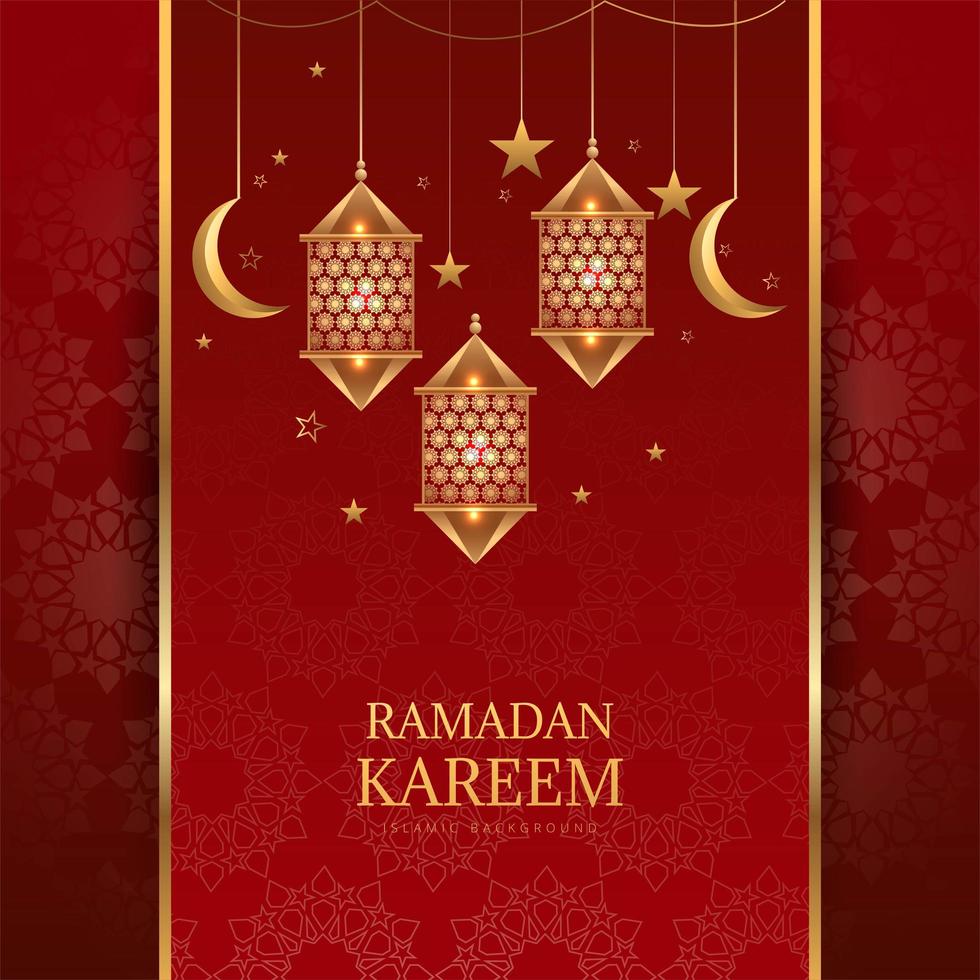 Golden Arabic hanging lantern, moon and stars on red vector