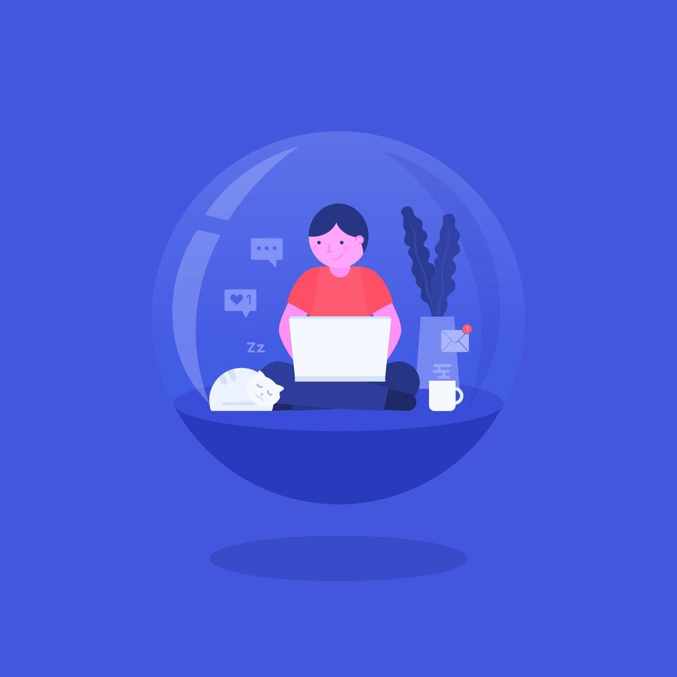 Sitting Boy with Laptop Isolated In Glass Ball vector