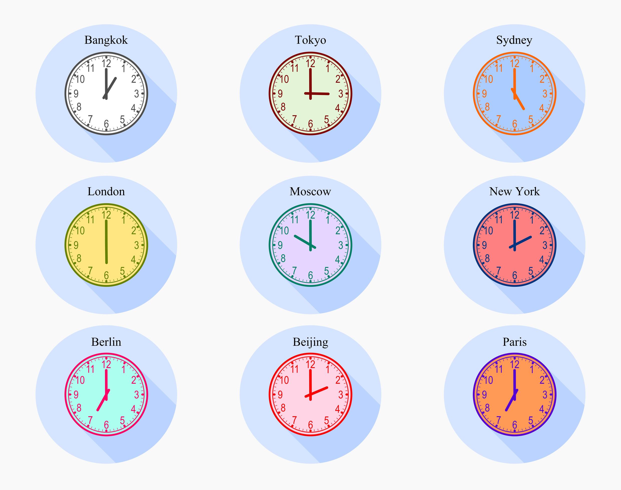 Set of world time zone analog clocks 1047177 Vector Art at Vecteezy