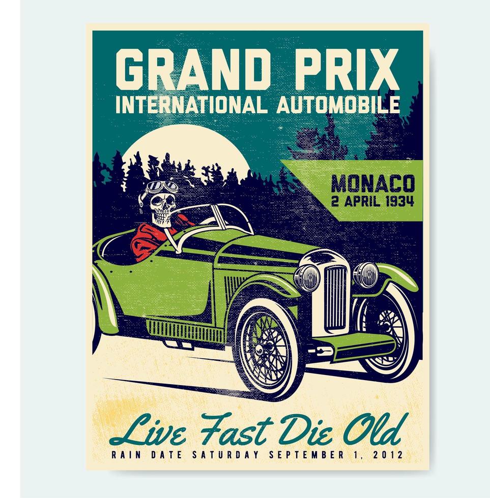 Classic car race poster with skeleton driver vector