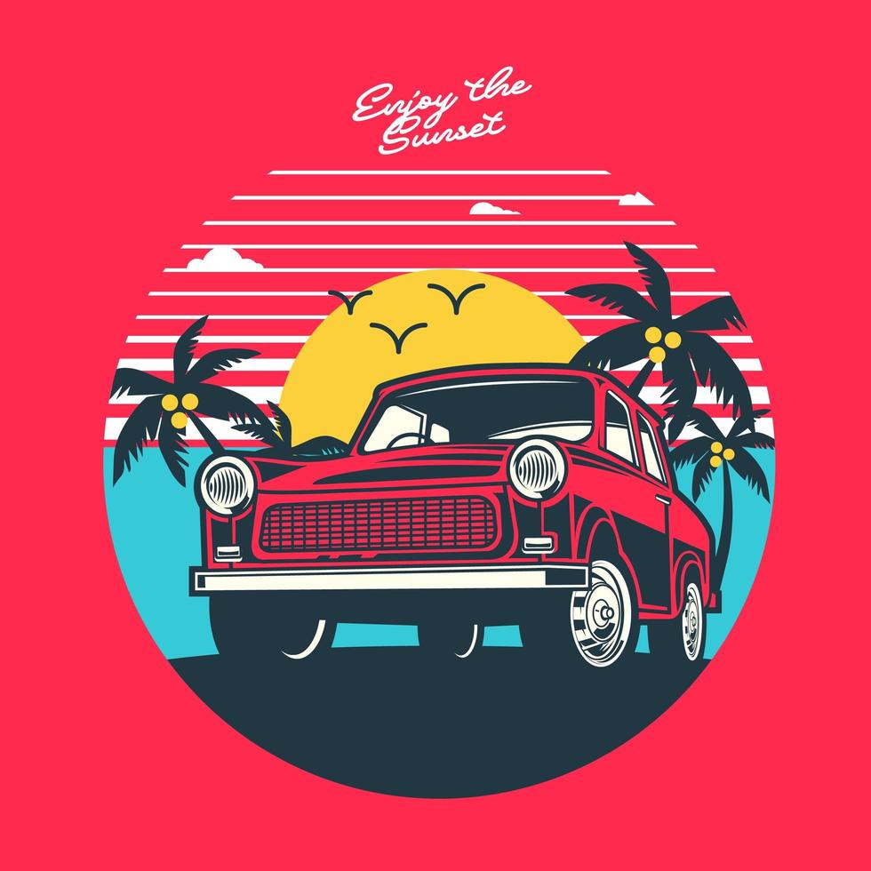 Retro sunset and car design vector