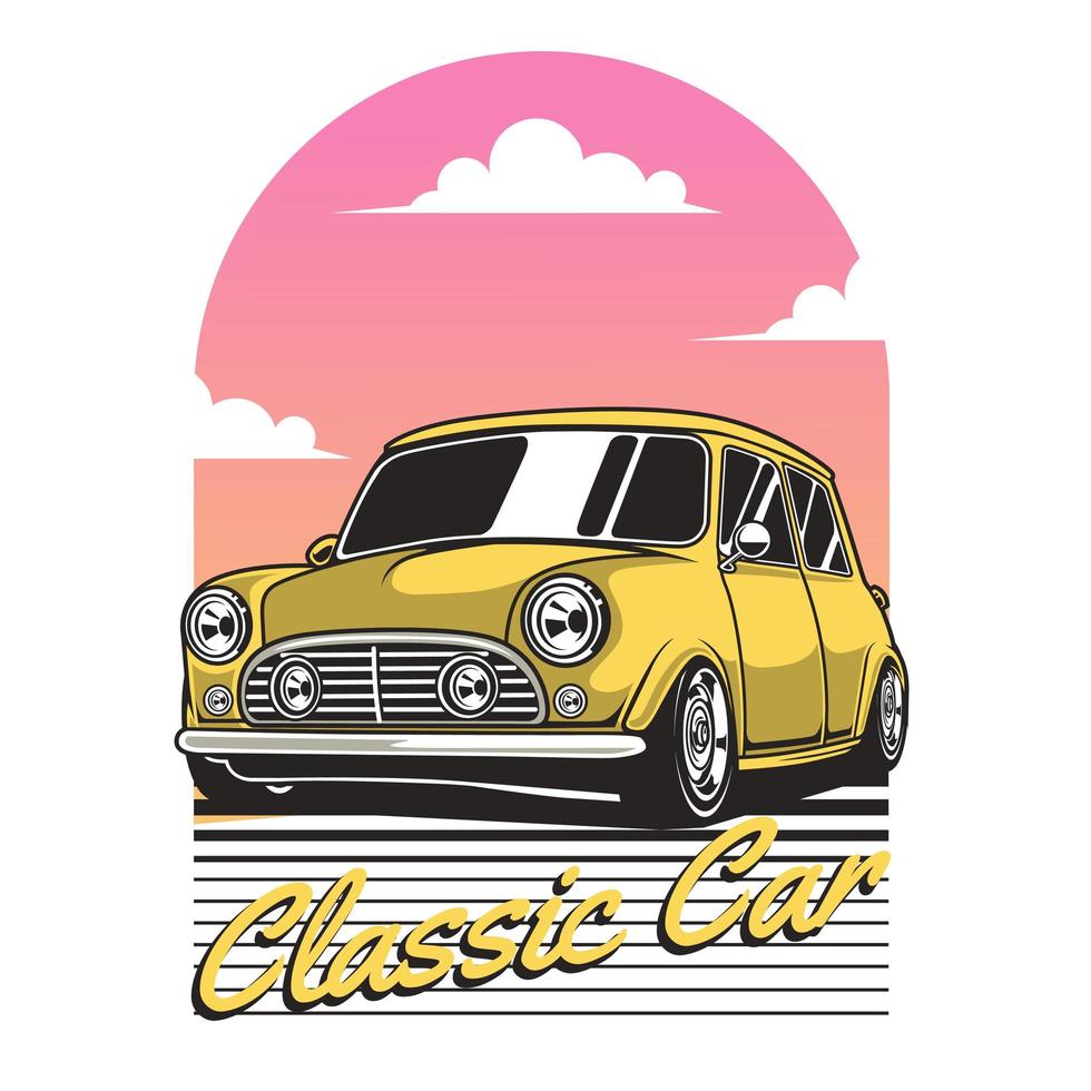 coche clásico amarillo y cielo degradado retro vector