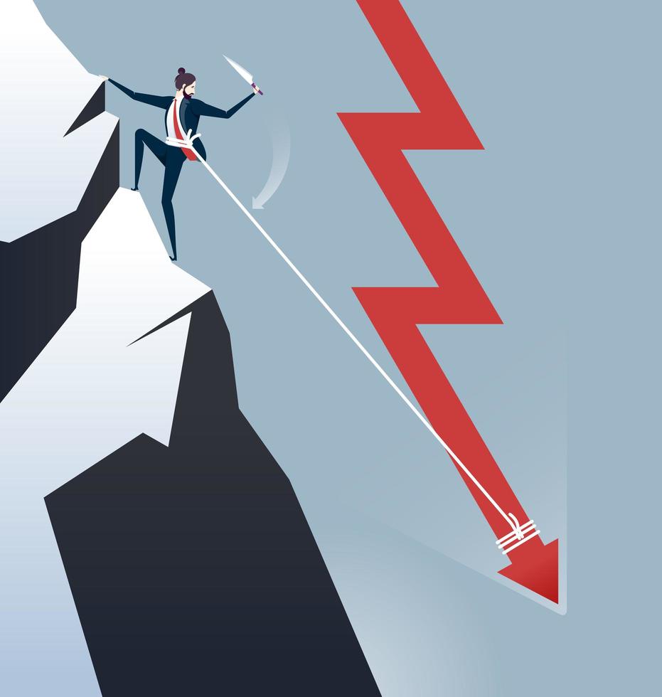 Business man attached to down arrow climbing mountain vector