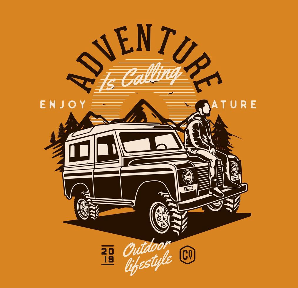 Adventure design with man sitting on vehicle hood vector