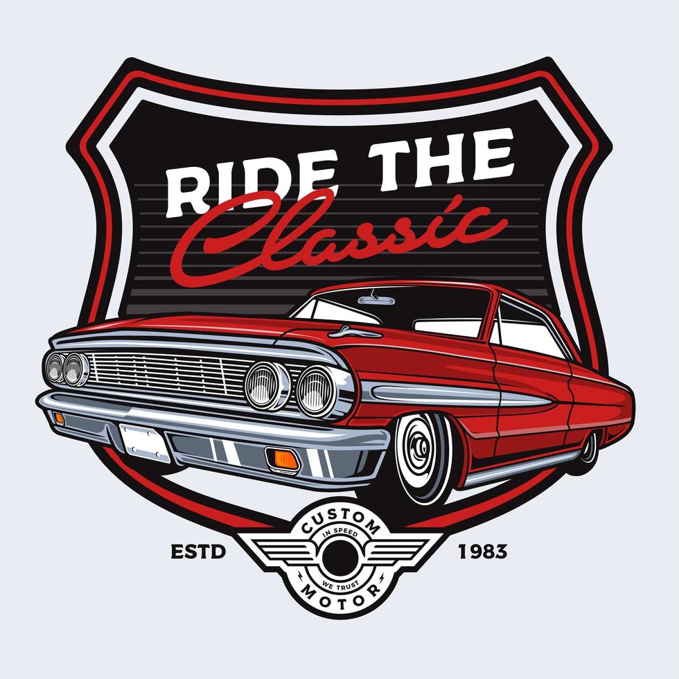 Red classic car design in shield emblem vector