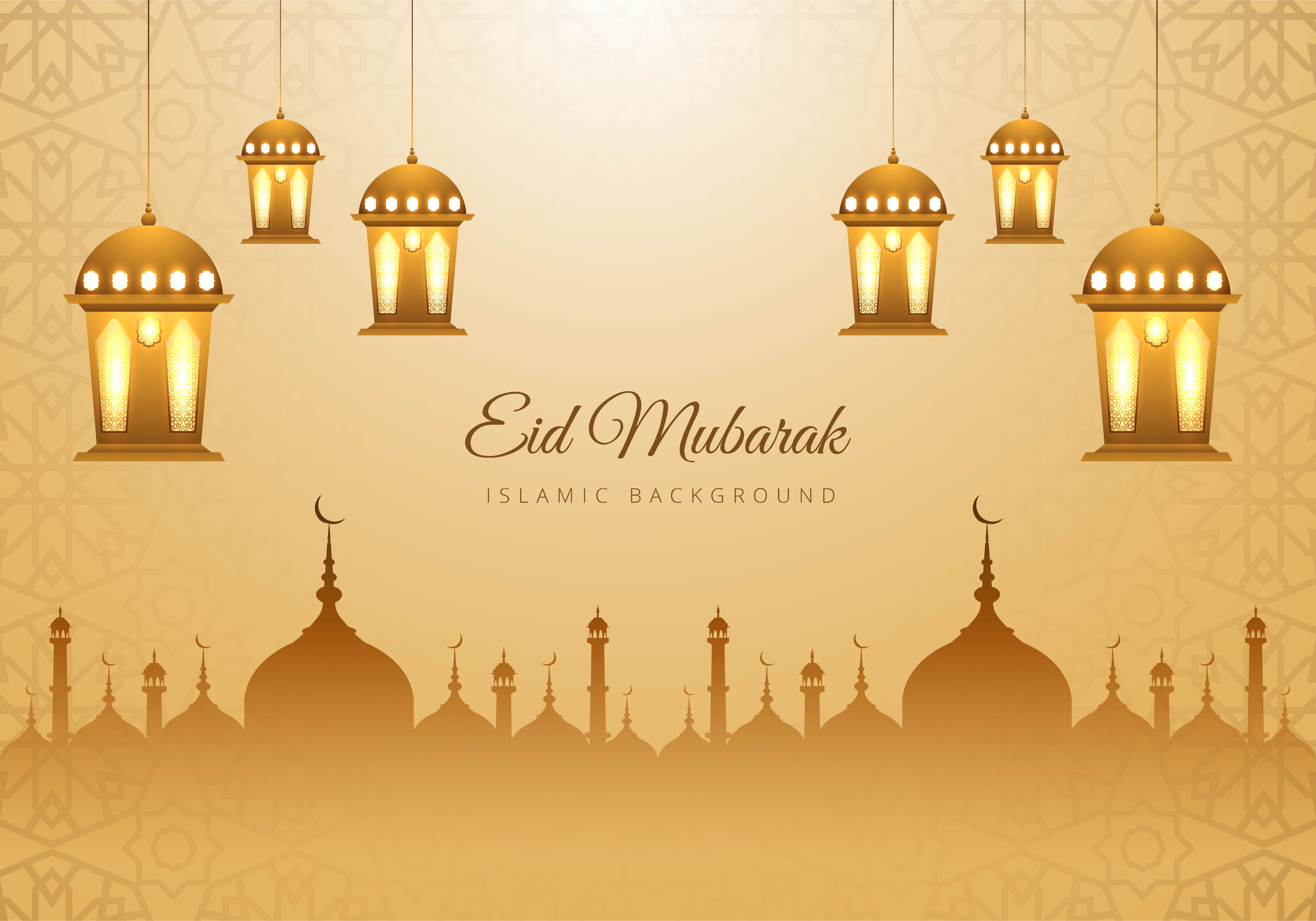 Islamic Eid Mubarak Tan Mosque Silhouette Lanterns Background 1052076