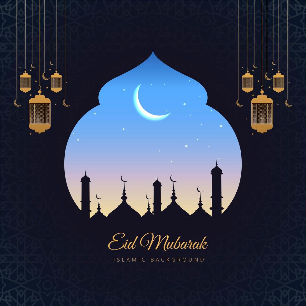 Eid Mubarok Islamic Card Window Silhouette Background vector