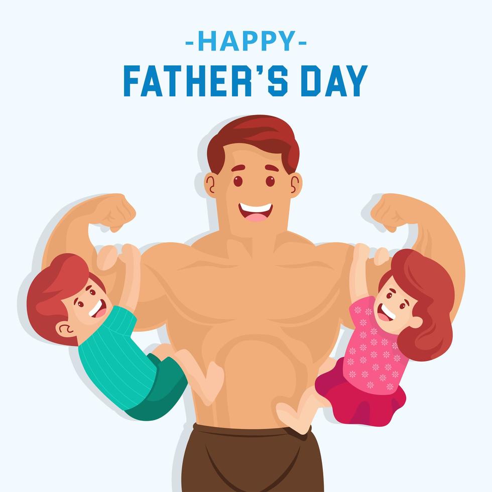 Super dad with his children hanging on his arms vector