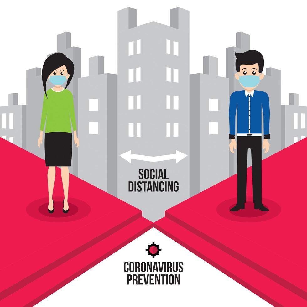 Man and woman social distancing in city vector