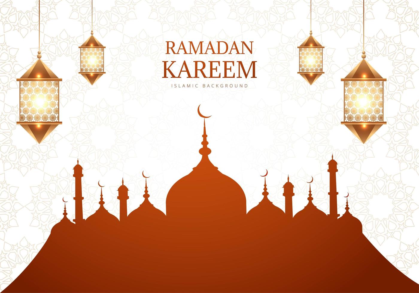 saludo de Ramadán Kareem con silueta de mezquita marrón vector