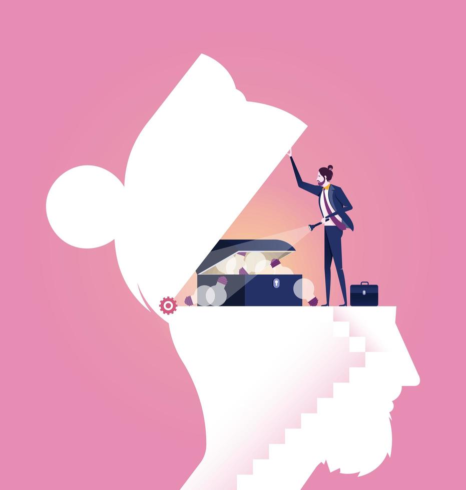 Business man finding idea treasure chest in head vector