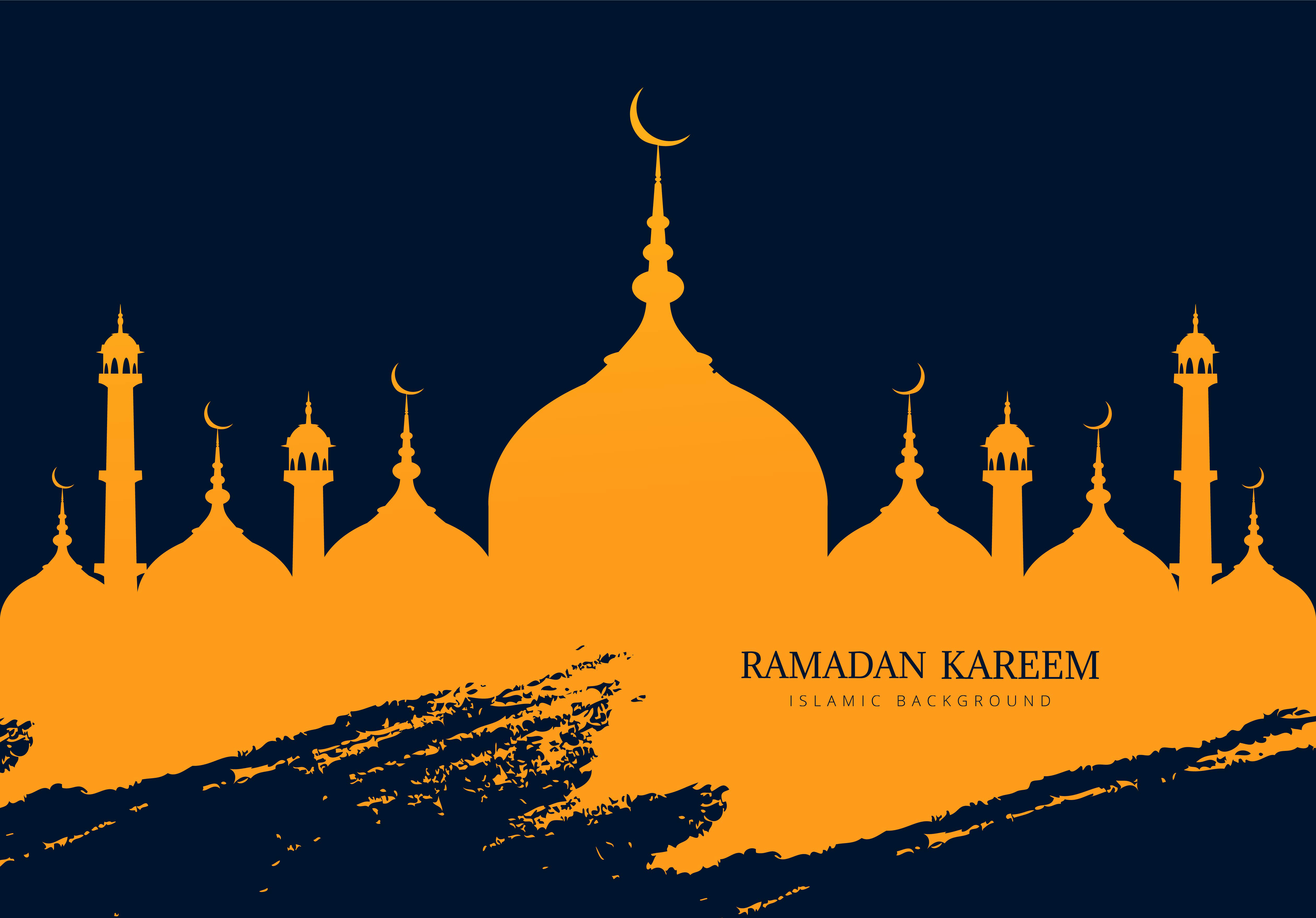  Ramadan  Kareem Mosque Silhouette with Blue Grunge Stroke 