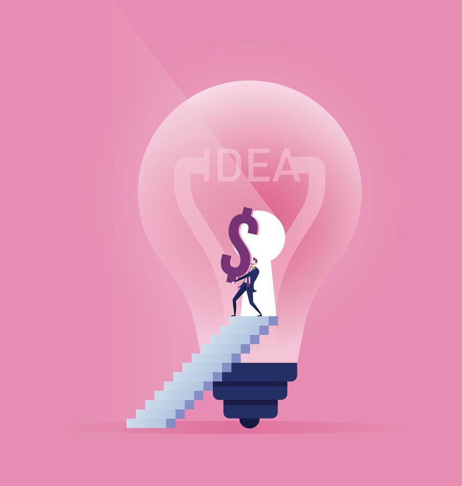 Business man carrying dollar sign out of light bulb vector