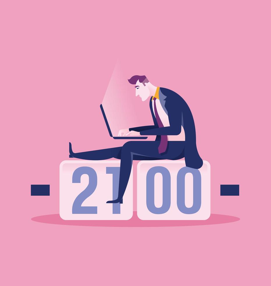 Business man sitting on clock using laptop vector