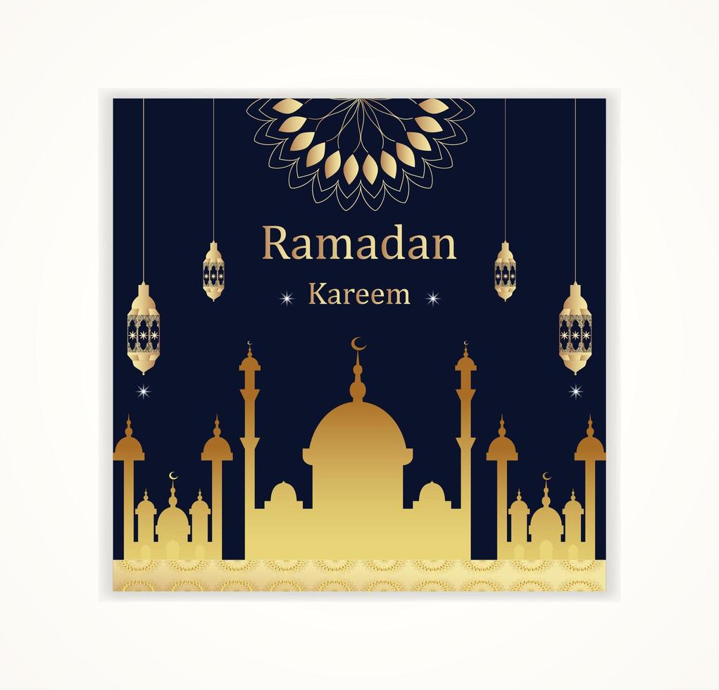 Gold Mosque Silhouette and Lantern Ramadan Kareem Card vector