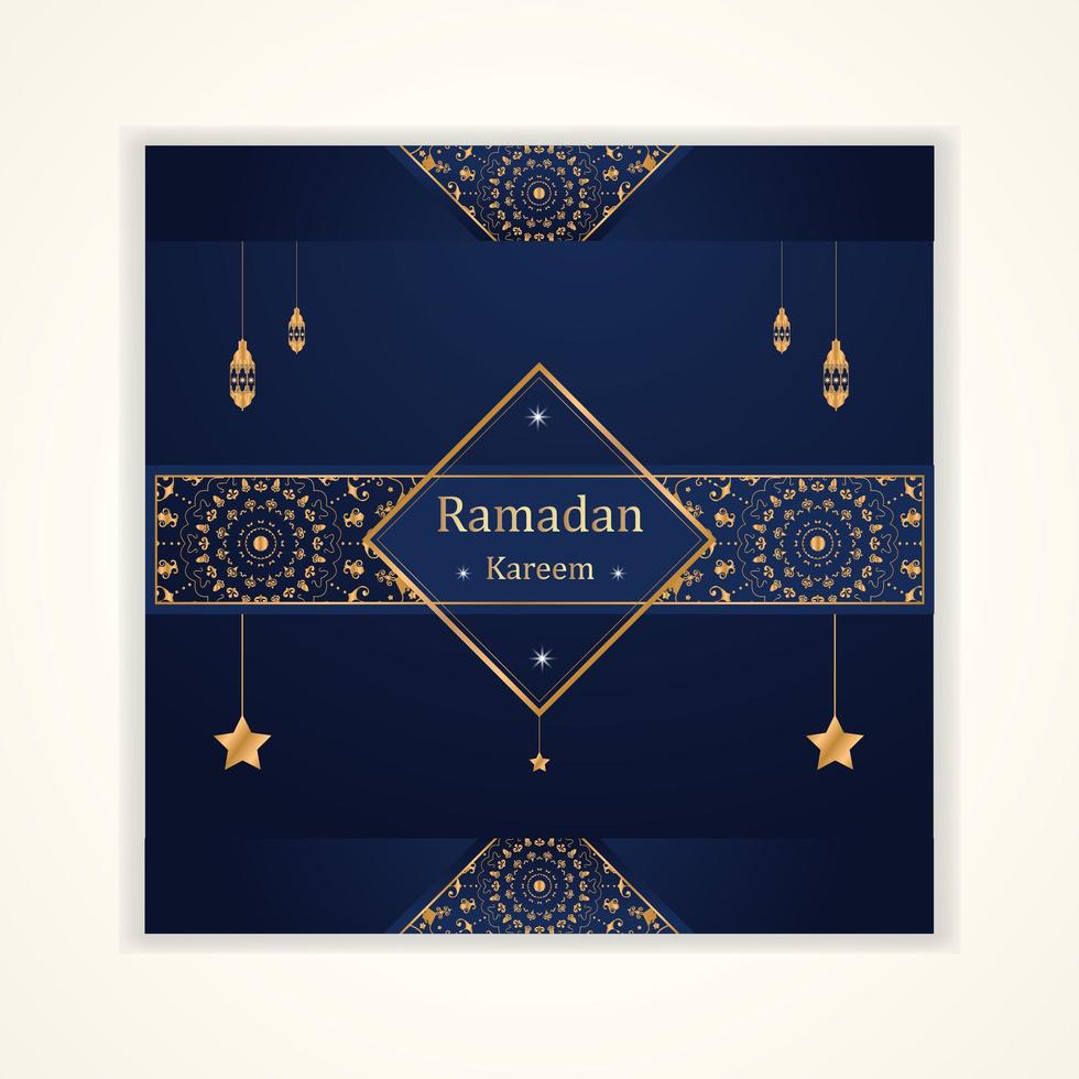 tarjeta de Ramadán Kareem con linternas colgantes y estrellas vector