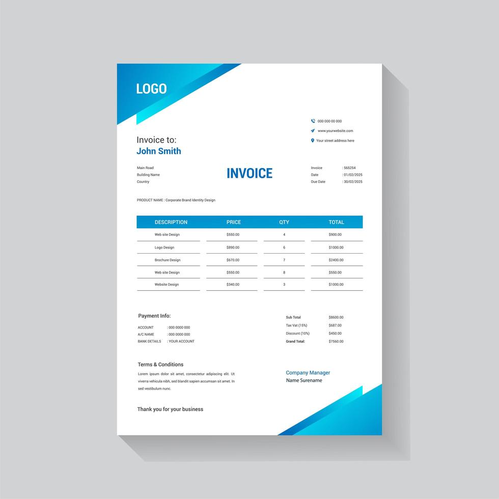 Blue Corner Triangle Invoice Template vector