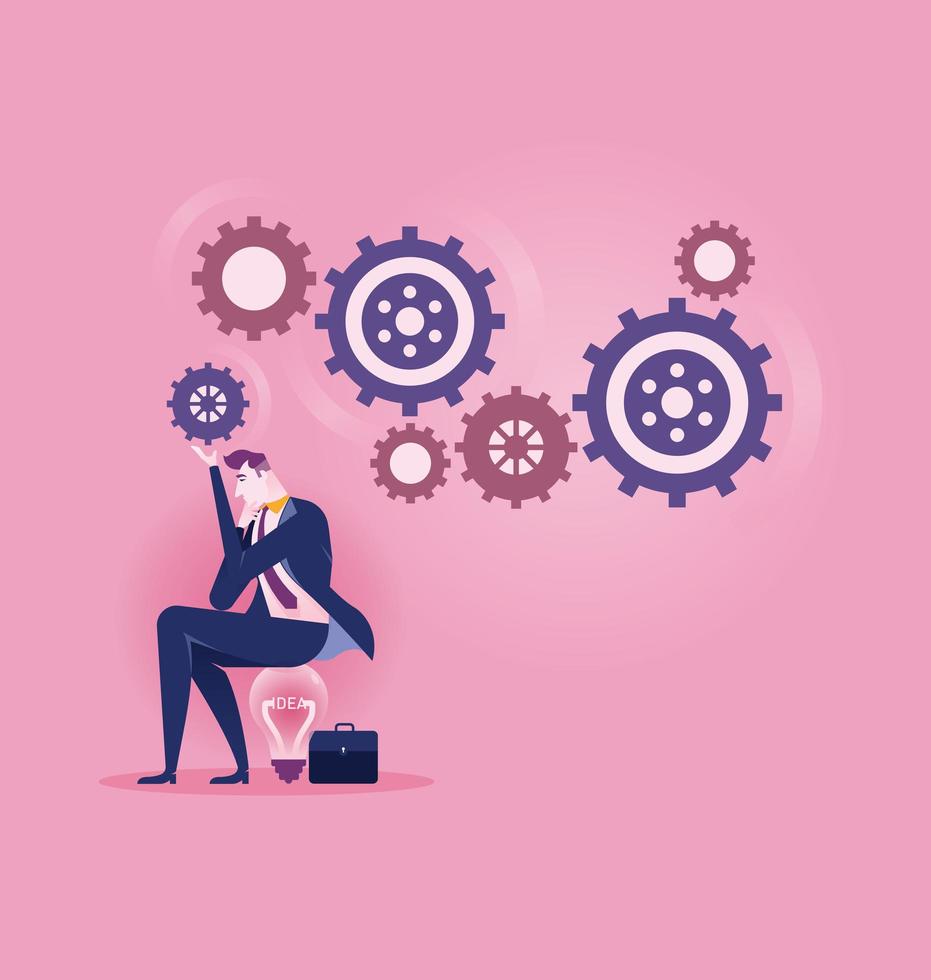 Business man brainstorming while sitting on light bulb vector
