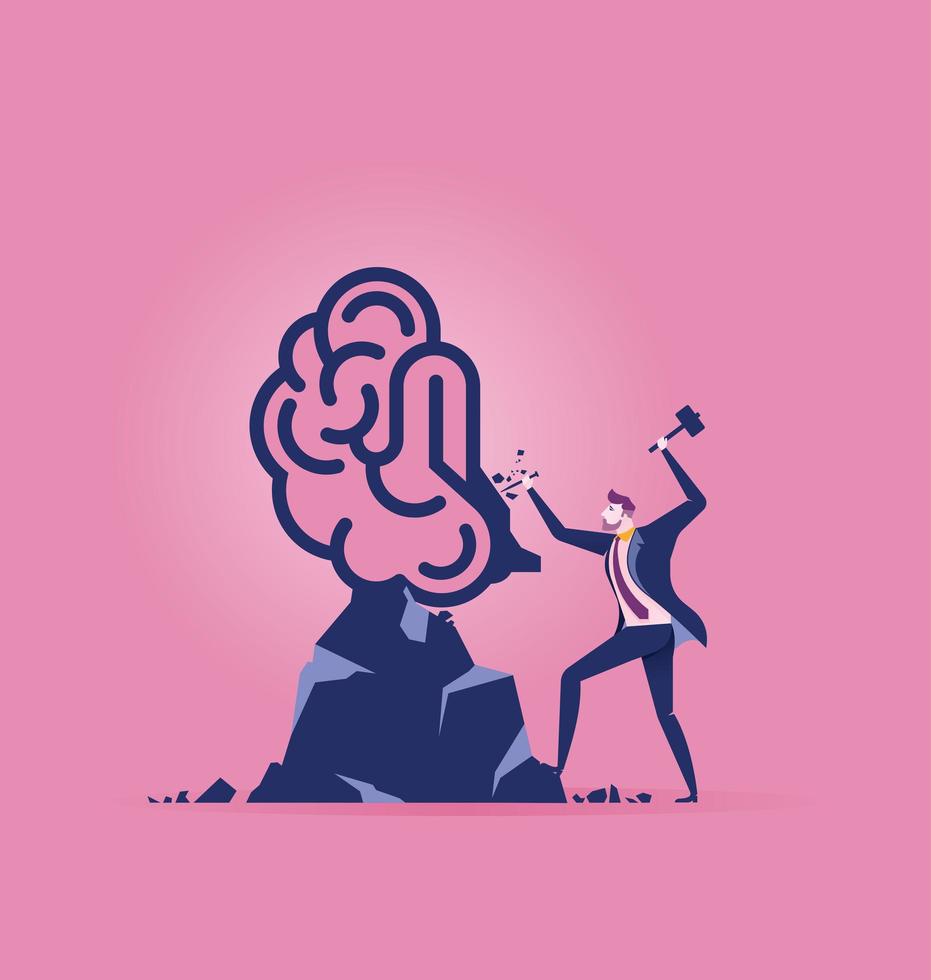 Business man carving brain out of rock vector