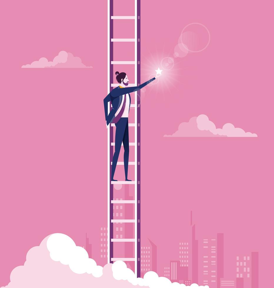 Business man on ladder reaching for star vector