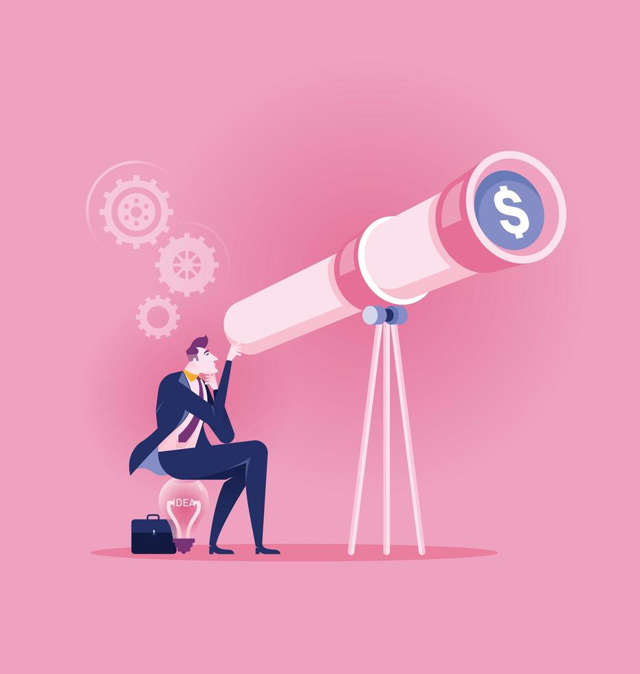 Business man looking through telescope at money vector