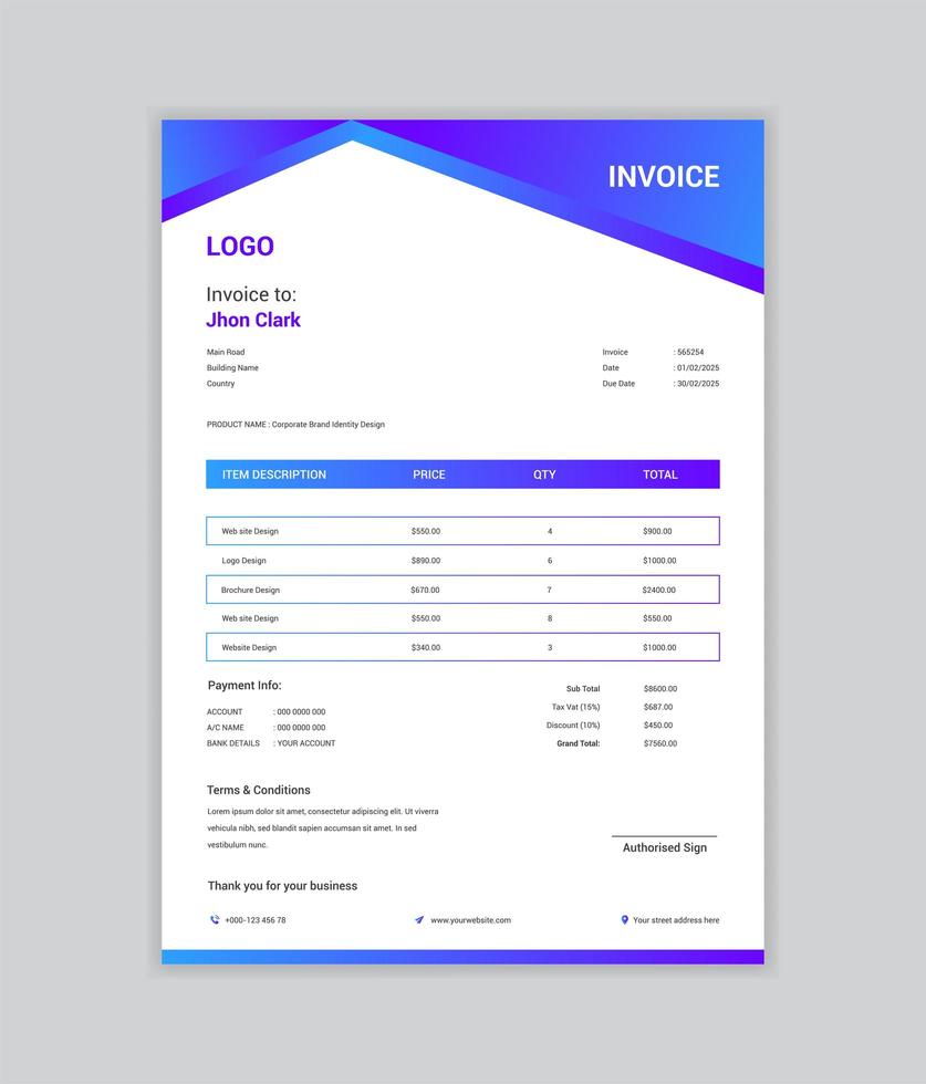 Purple and Blue Gradient Angled Invoice Template vector