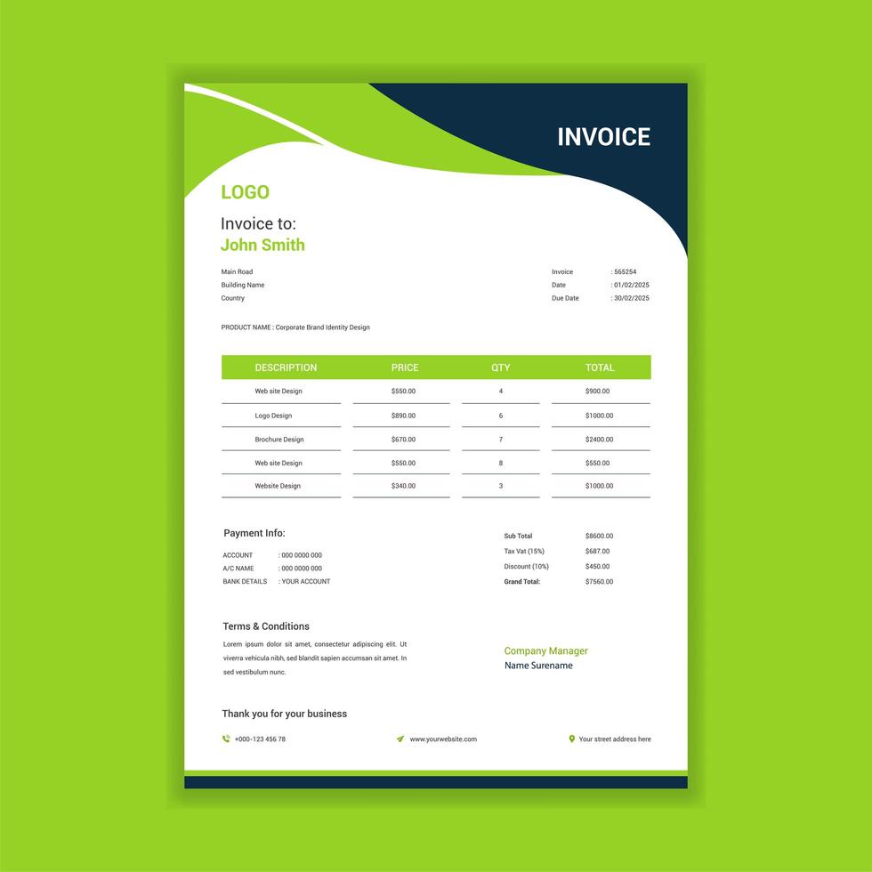 Green Wave Shape Invoice Template for Accounting vector