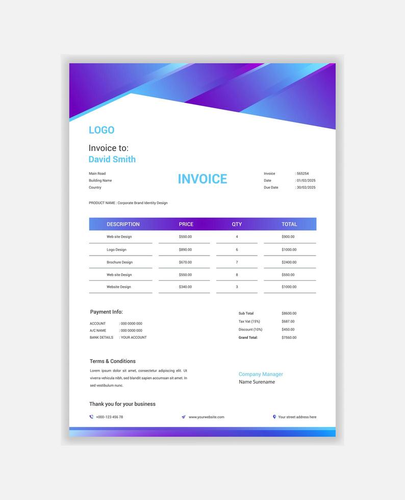 Shiny Purple and Blue Gradient Business Invoice vector