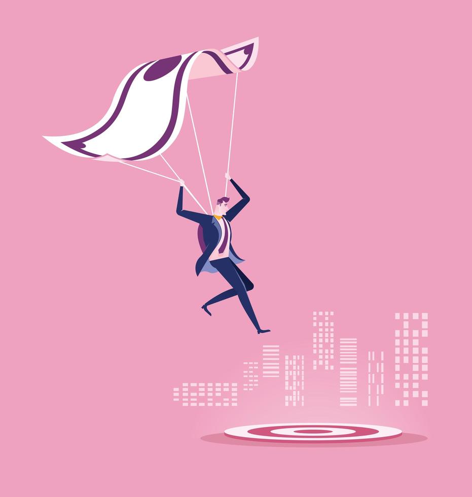 Business man with money parachute landing on target vector