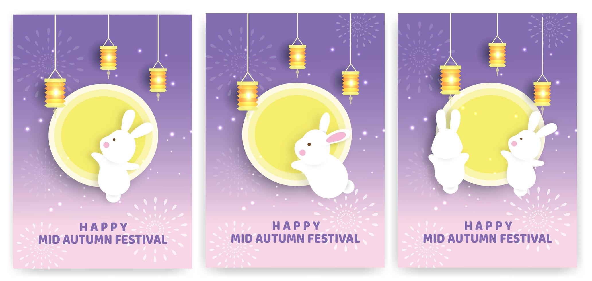 Autumn festival card set with rabbits and moon vector