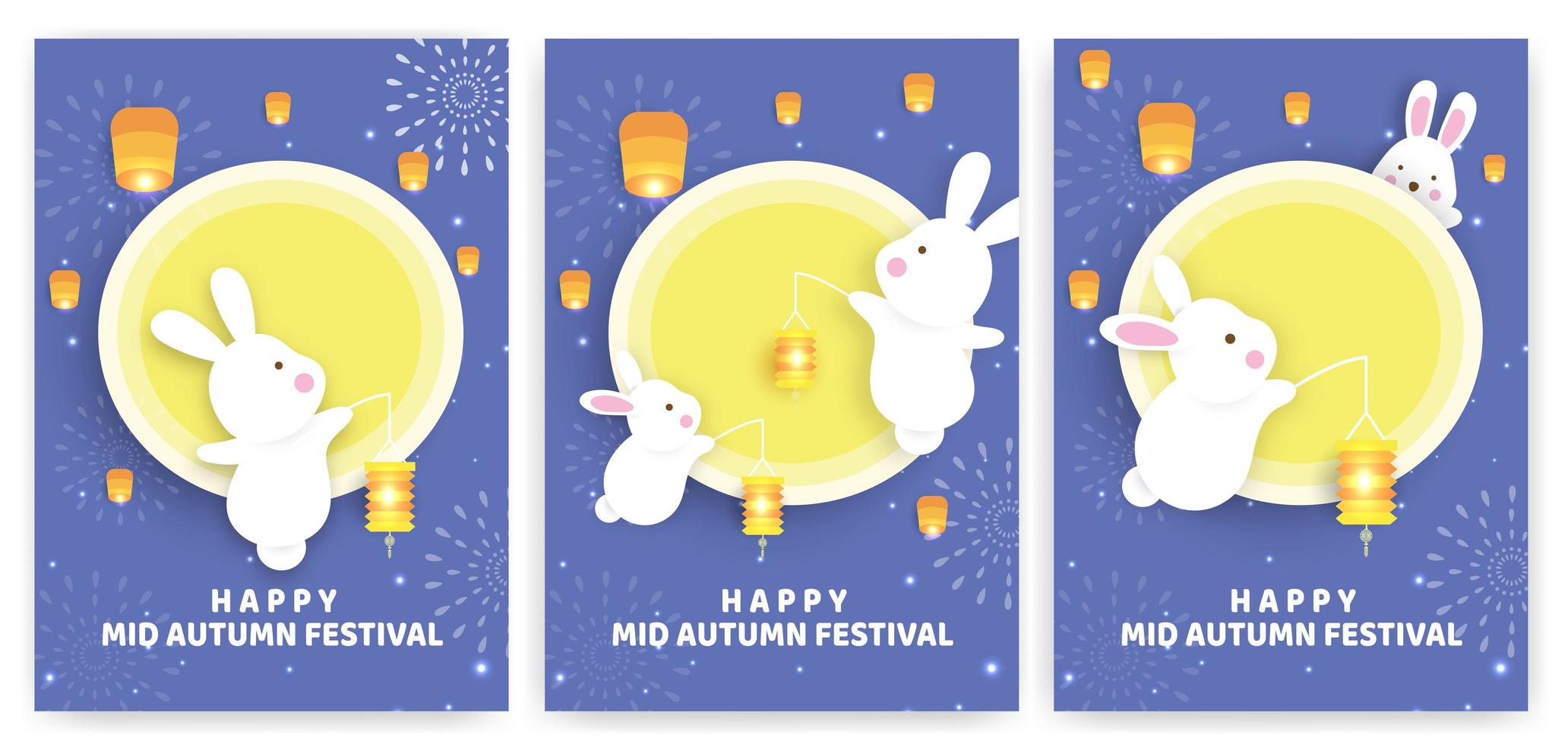 Autumn festival card set with rabbits holding lanterns vector