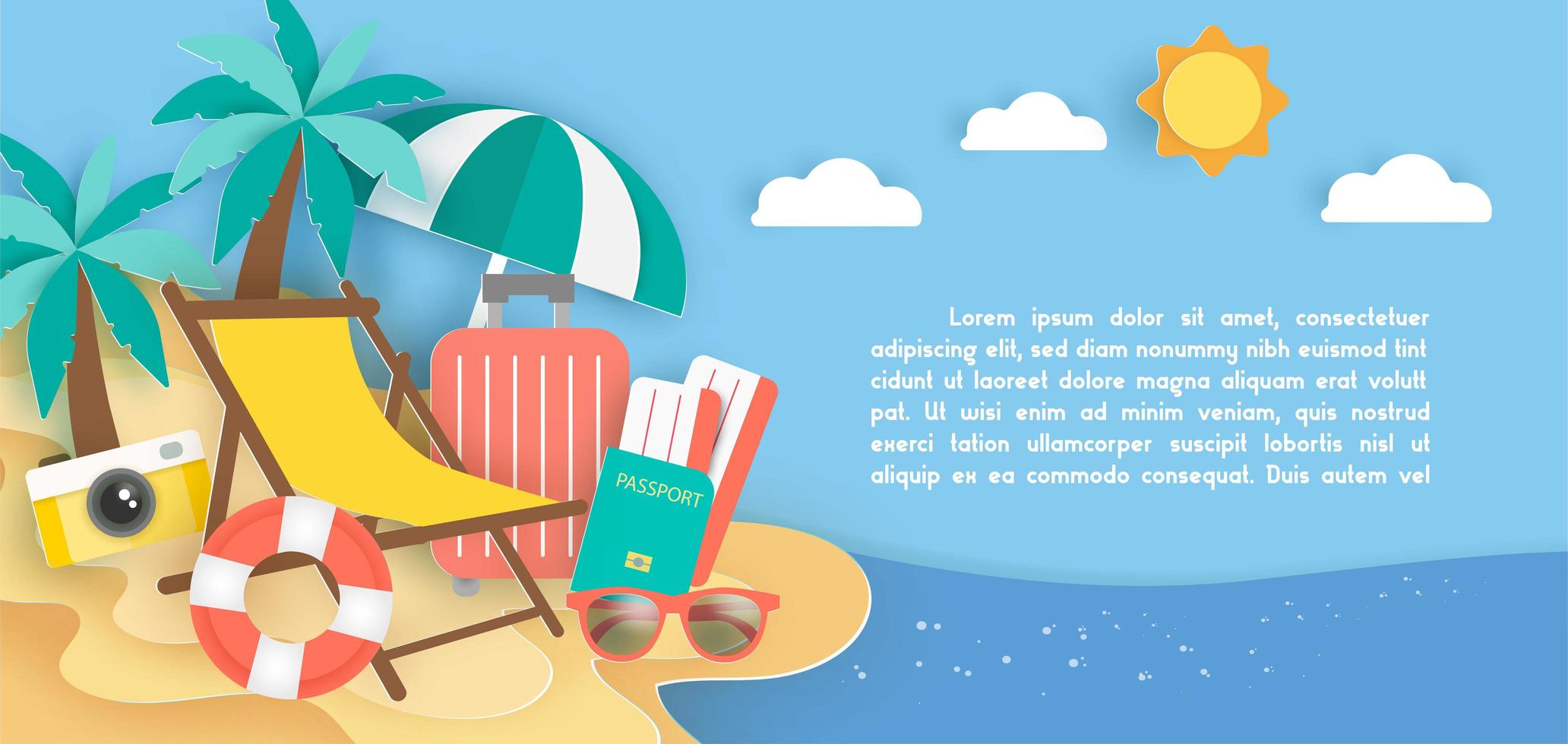 Banner with travel elements on beach vector