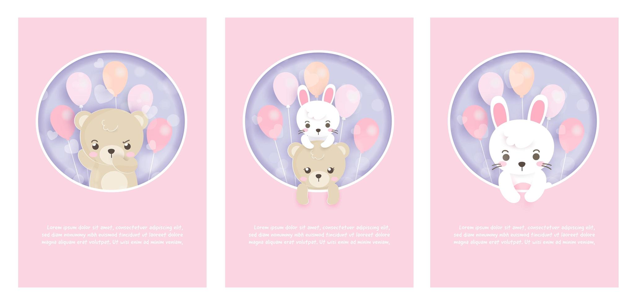 Card set with rabbits and bears with balloons vector