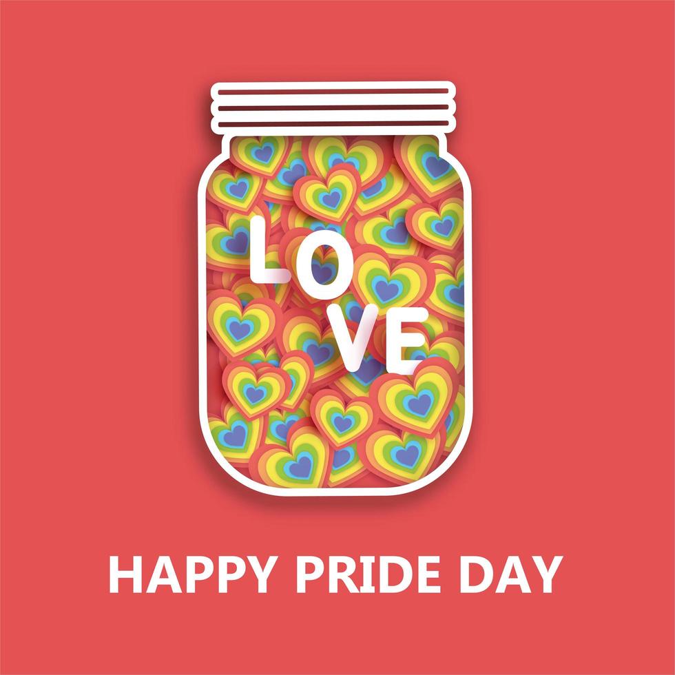 Pride Day jar with hearts and love text vector