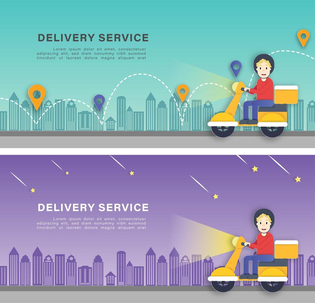 Deliver many on scooter banner set vector