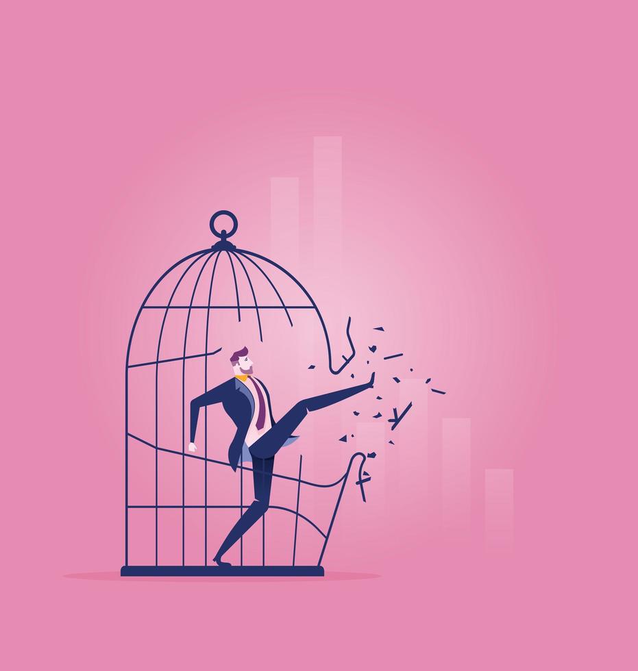 Business man kicking his way out of cage vector