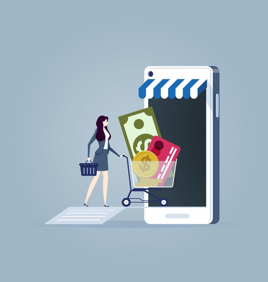 Business woman with cart shopping on mobile vector