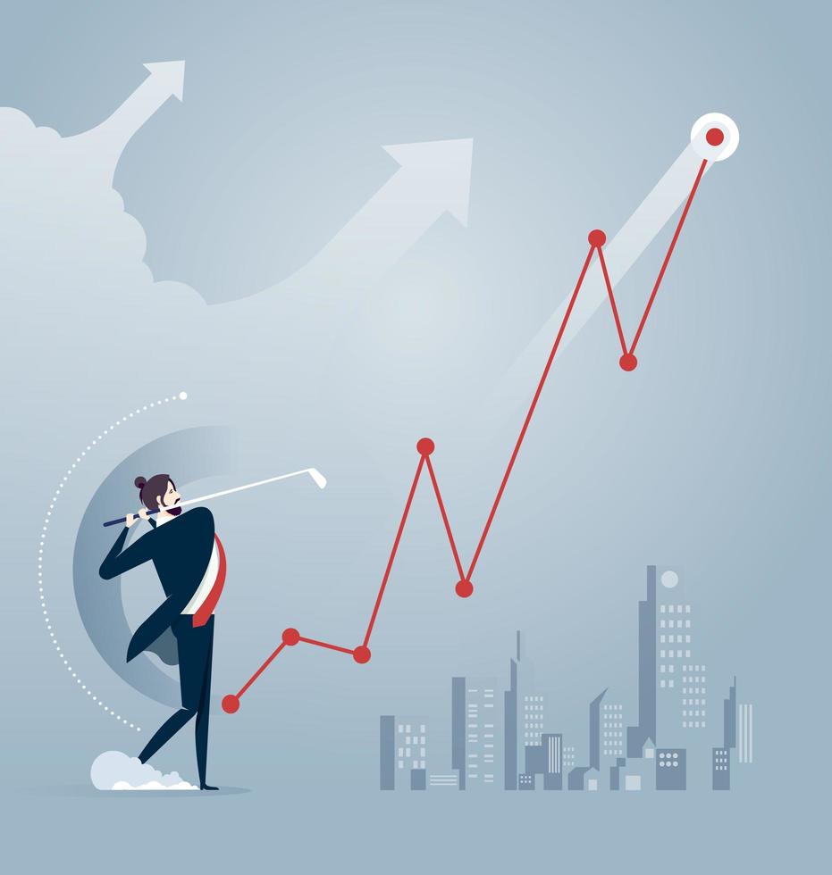 Business man driving golf ball to top chart vector