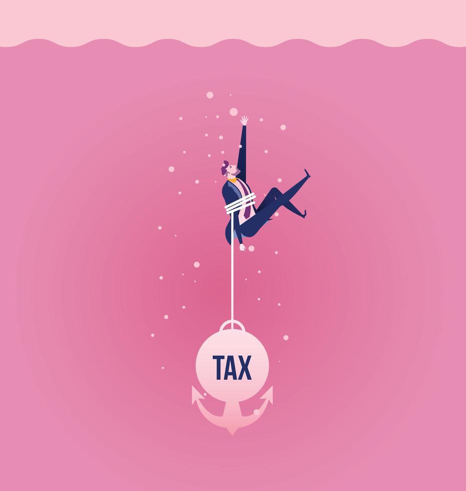 Man anchored to tax debt sinking in water vector