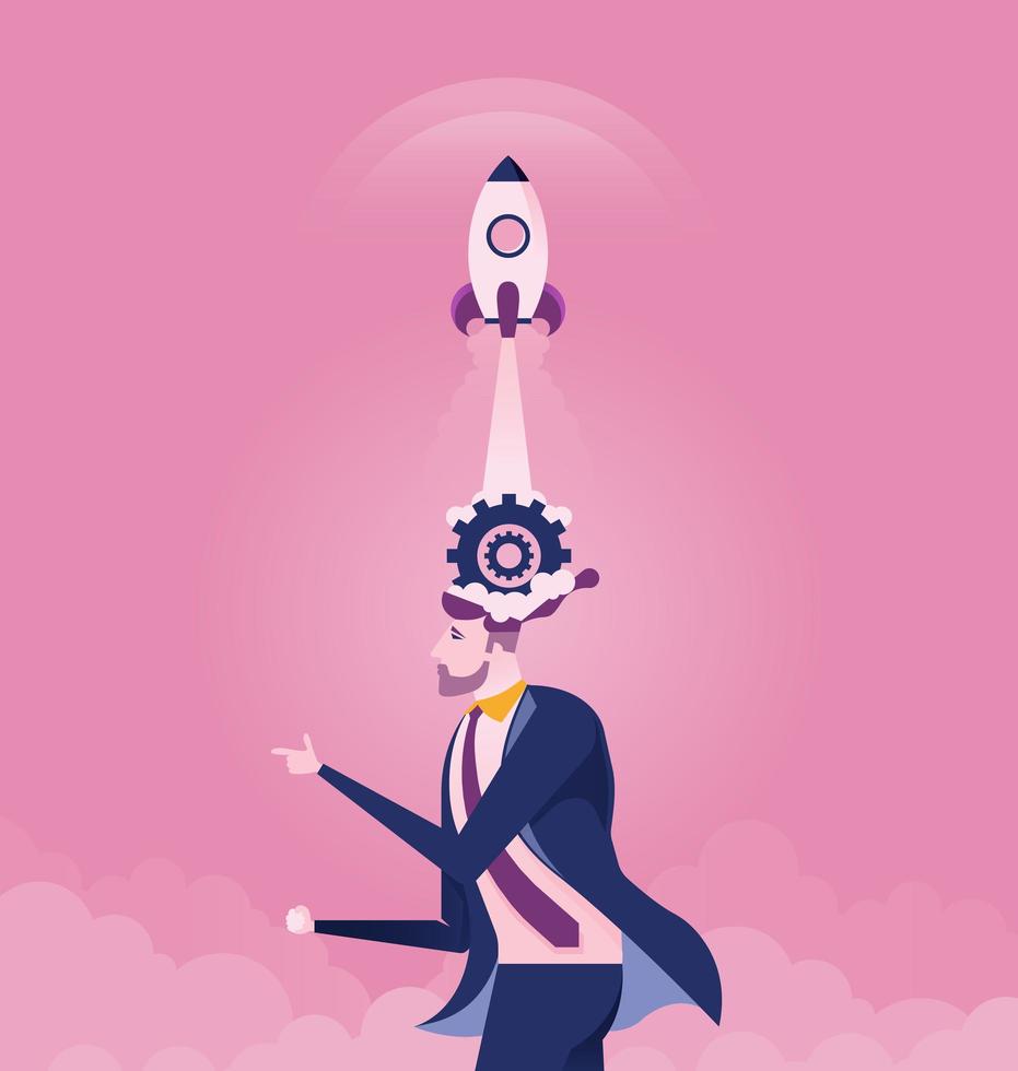 Businessman with rocket ship launching from his head vector