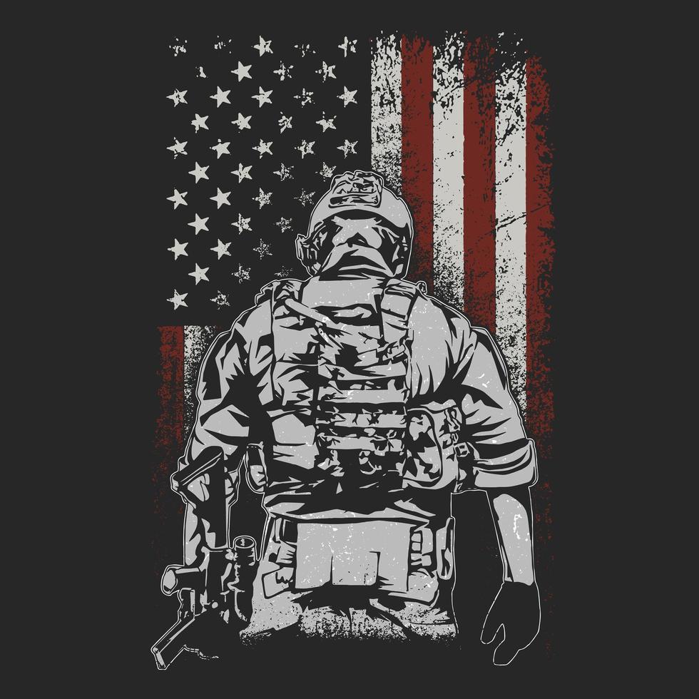 Soldier Standing in Front of American Flag  vector