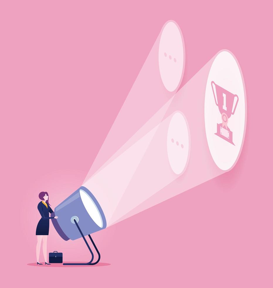 Businesswoman with flashlight and trophy vector