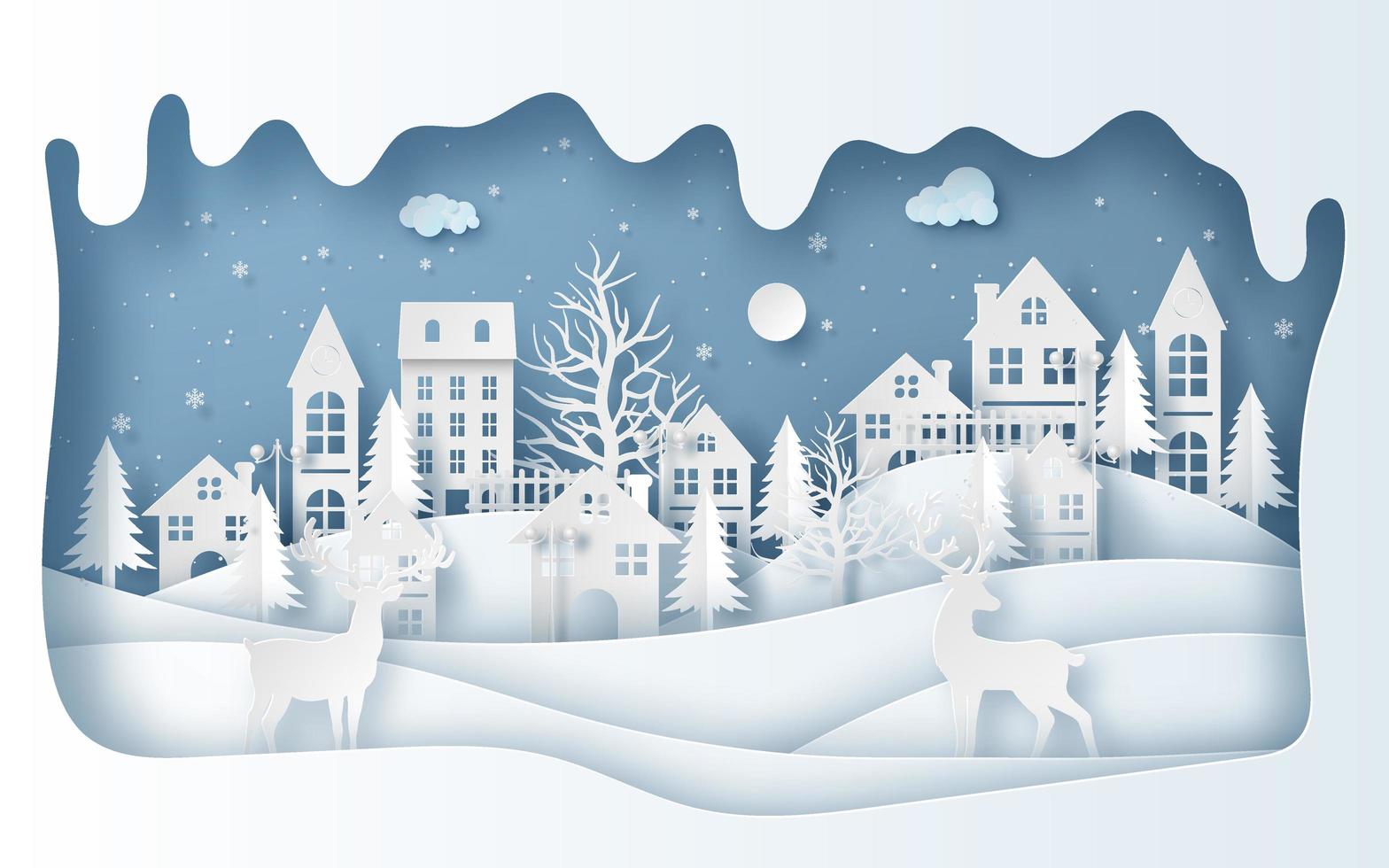 Paper art style of Reindeer in the village in winter season vector