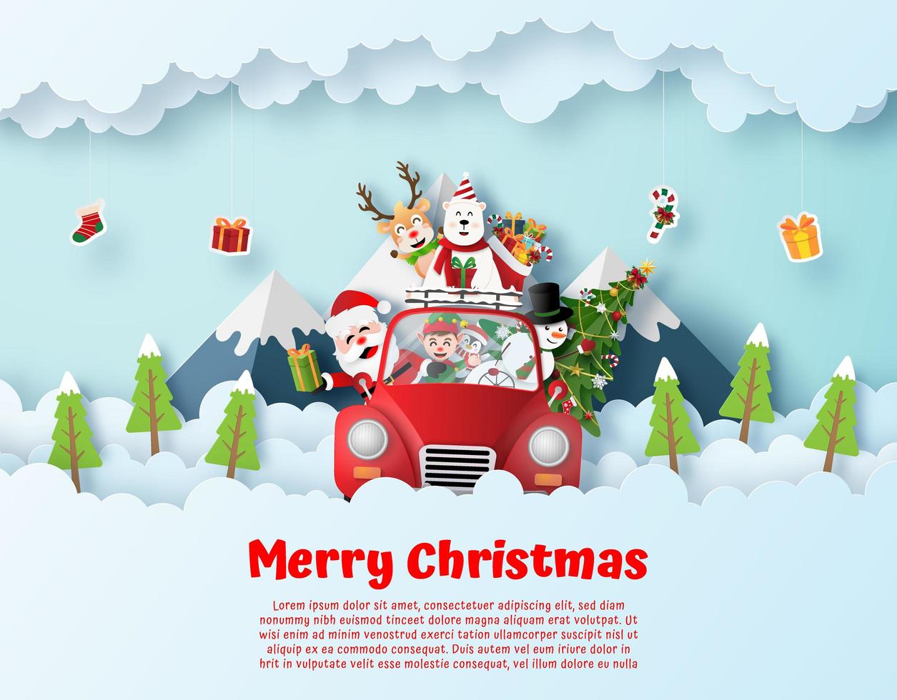 Papá Noel y amigo conduciendo el coche rojo de Navidad en el cielo vector