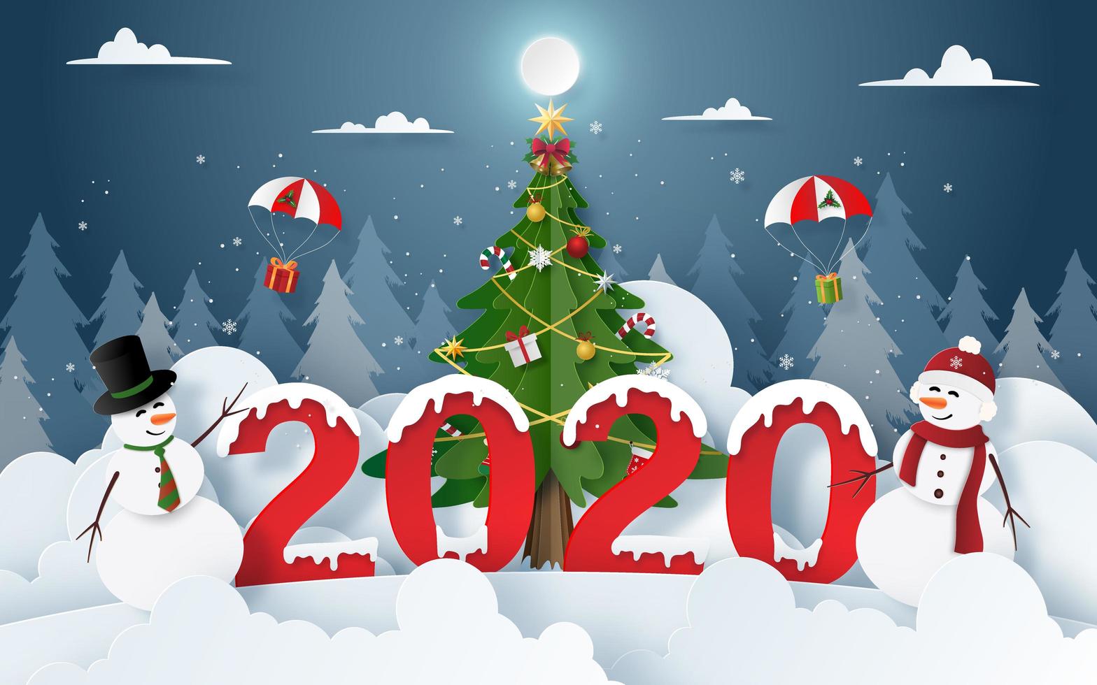 arte de papel de muñeco de nieve con fiesta de navidad y año nuevo 2020 en nochebuena vector